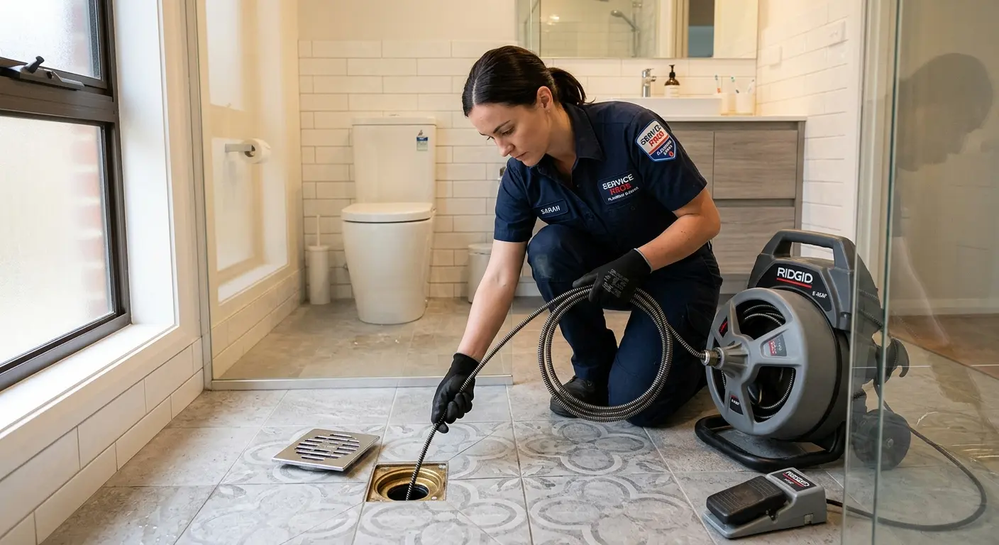 Technician clearing a bathroom floor drain for Clogged Drain Repair in Bedford Heights